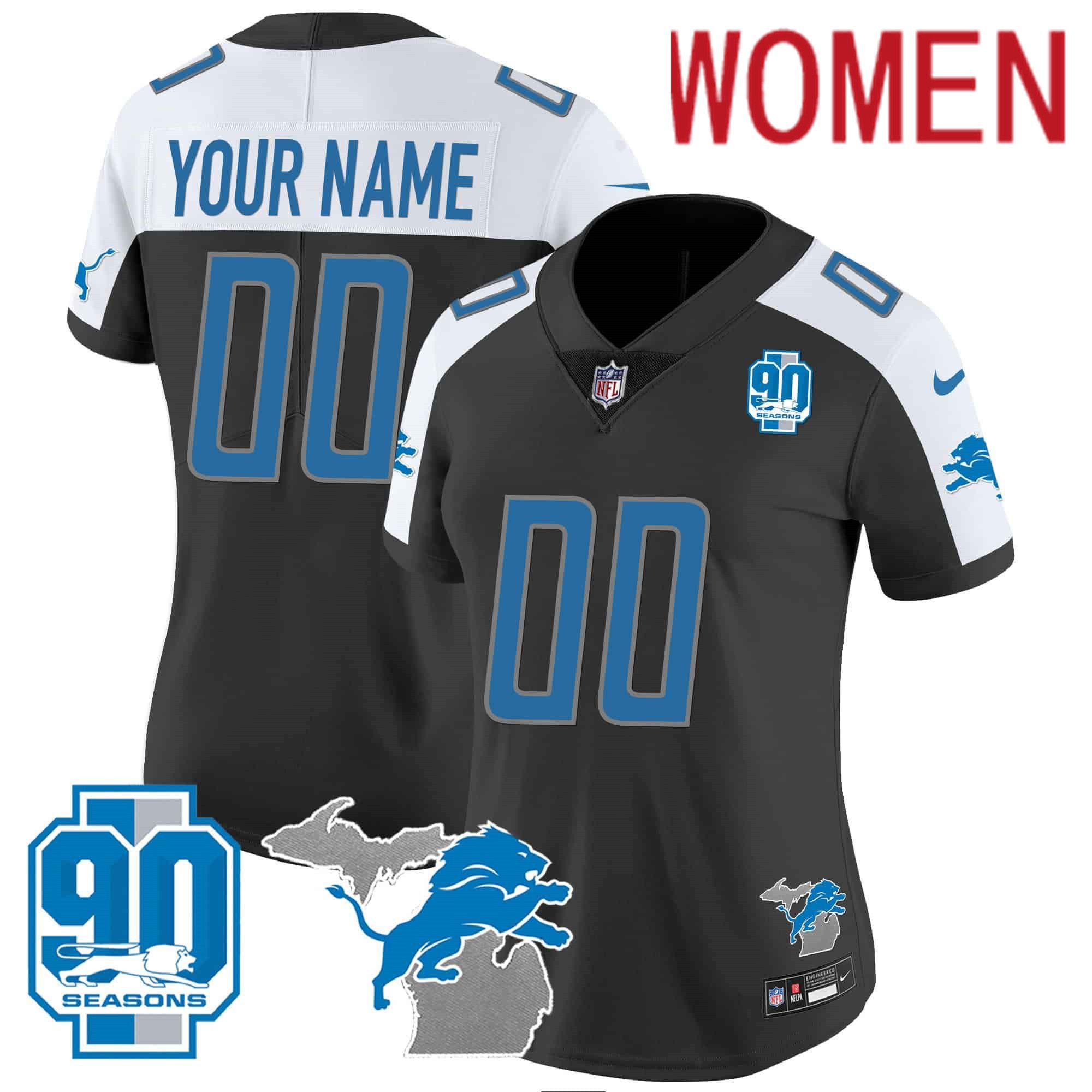 Women Detroit Lions Black 2024 Nike 90th Year Michigan Patch Custom Vapor NFL Jersey